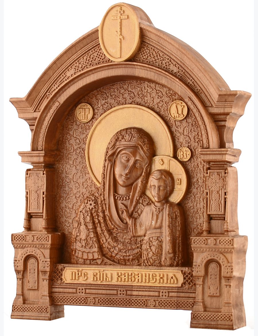 Деревянная резная икона «Казанская икона Божией Матери» в арке бук 28 x 23 см