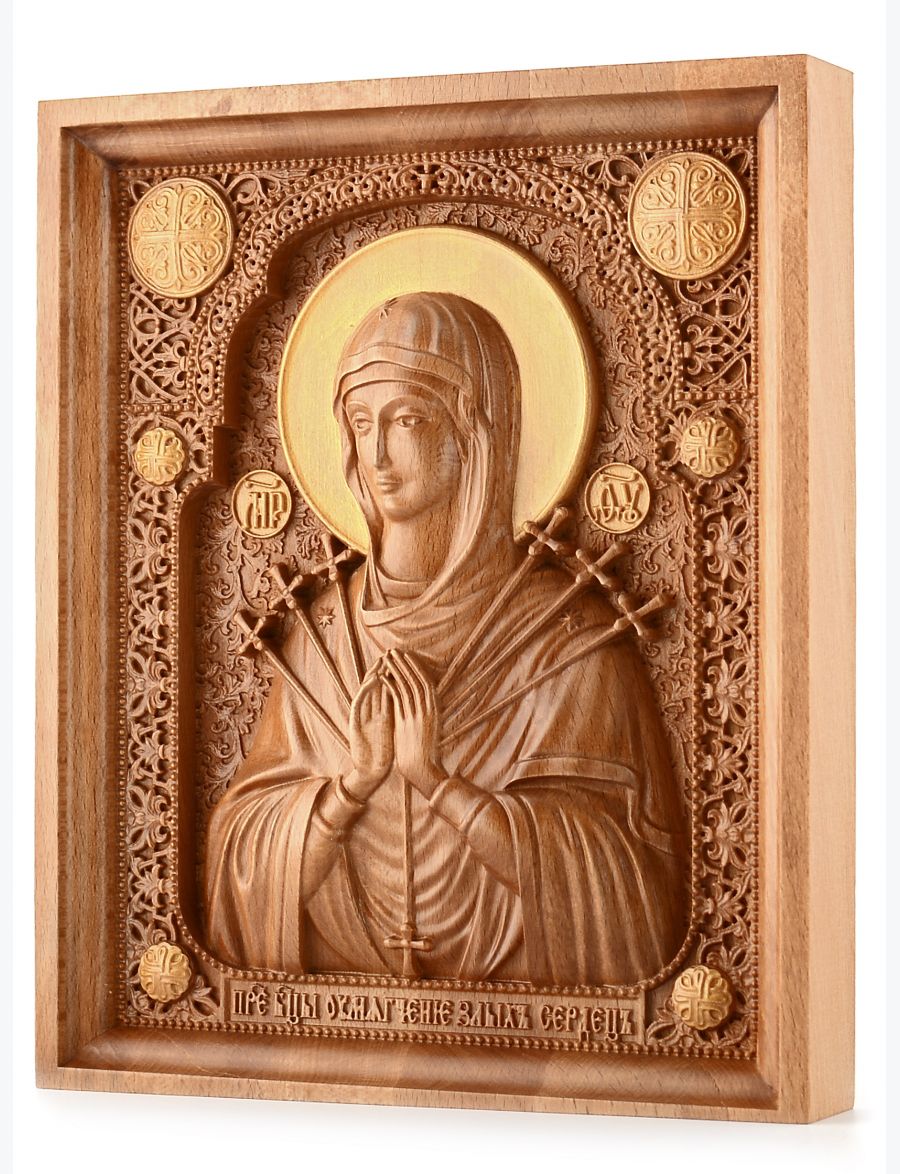 Деревянная резная икона «Божией Матери Семистрельная» бук 57 x 45 см