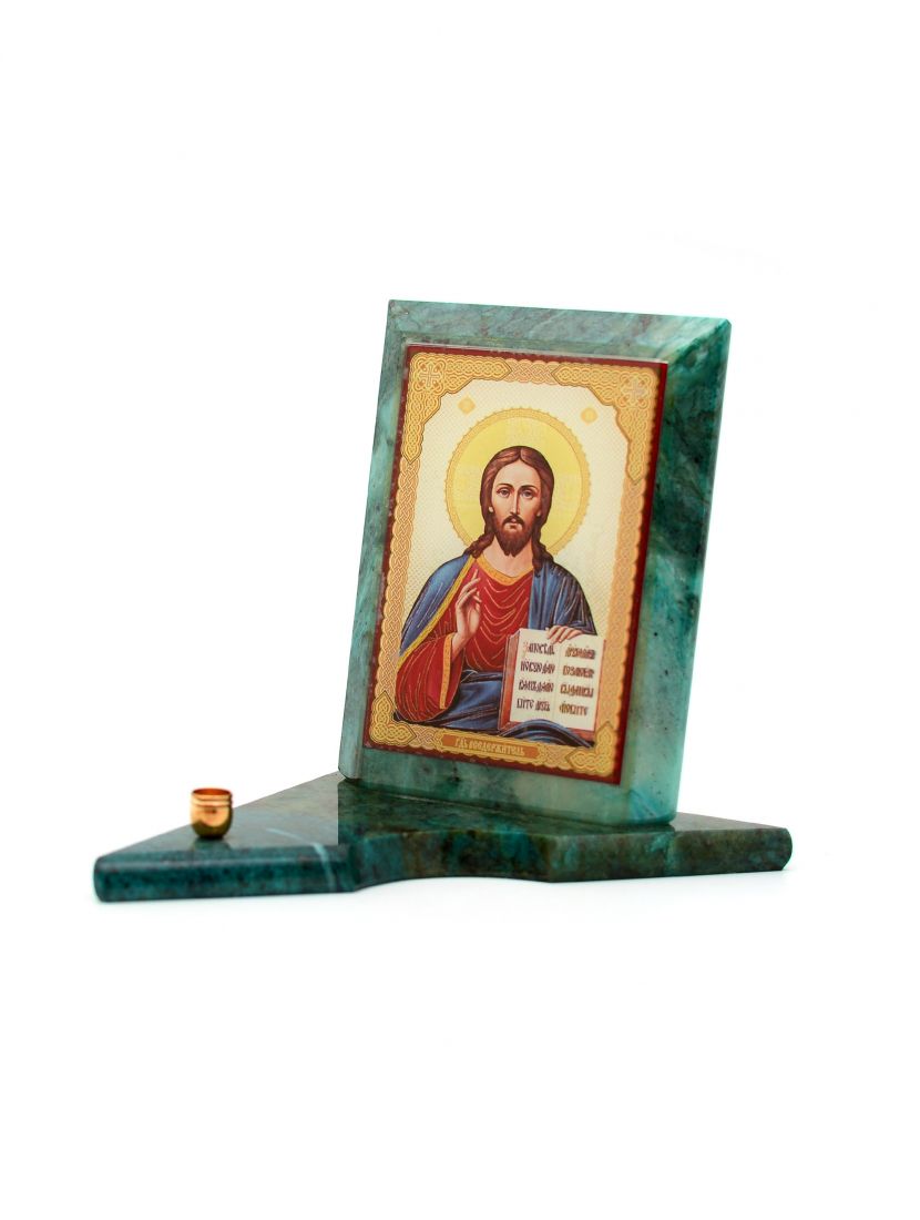 Каменная икона с подсвечником «Господь Вседержитель» змеевик