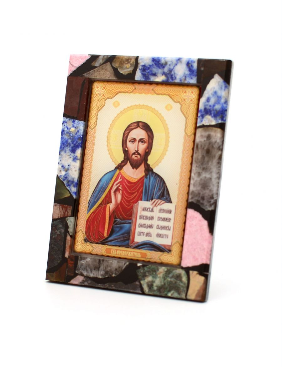 Каменная икона из самоцветов «Господь Вседержитель» с подставкой