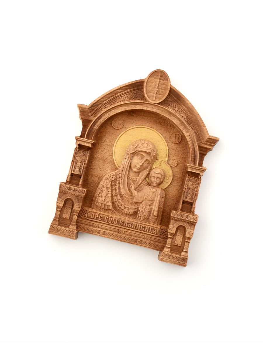 Деревянная резная икона «Божией Матери Казанская» с аркой бук 18 x 14 см