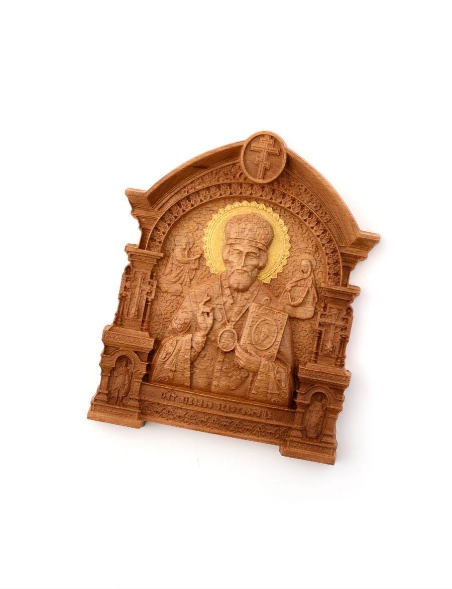 Деревянная резная икона «Святой Николай Чудотворец» с аркой бук 18 x 14 см