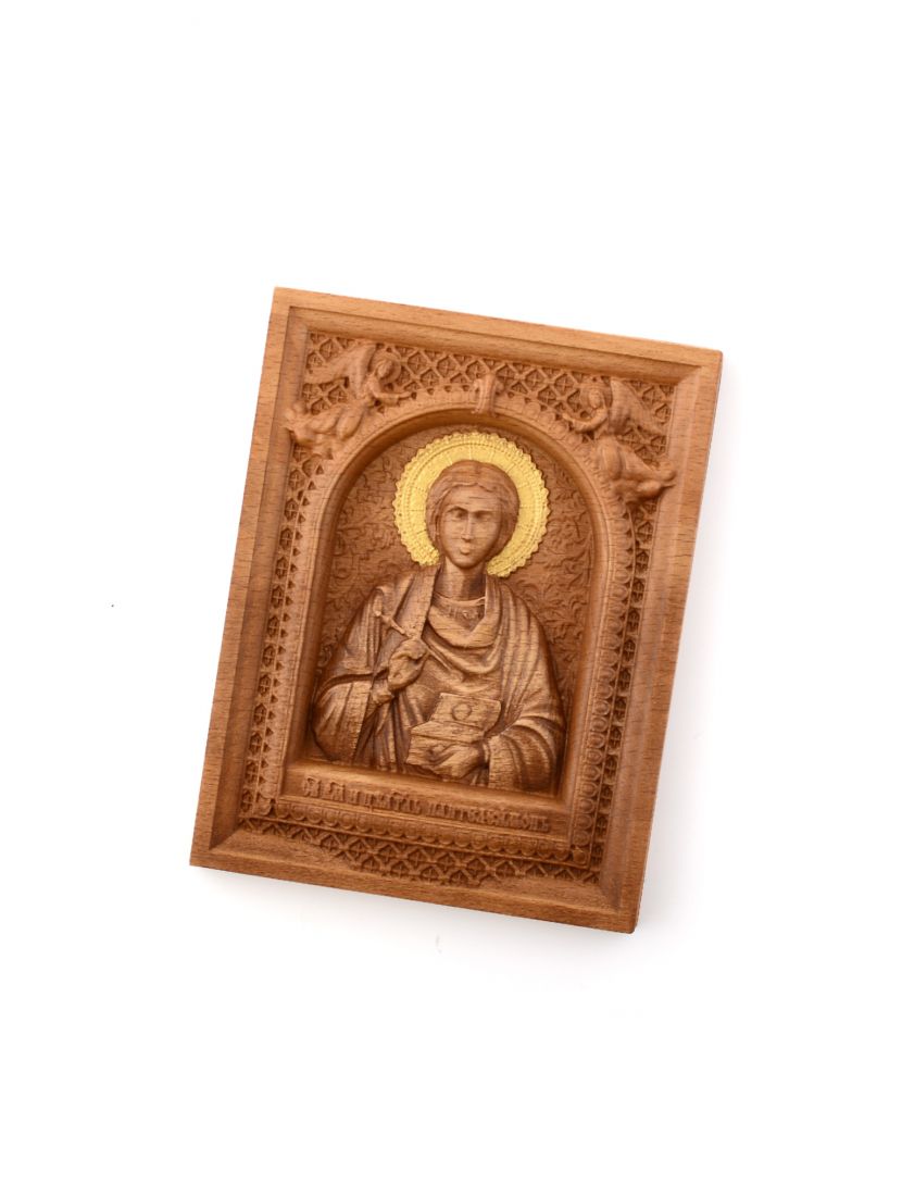 Деревянная резная икона «Святой Целитель Пантелеймон» бук