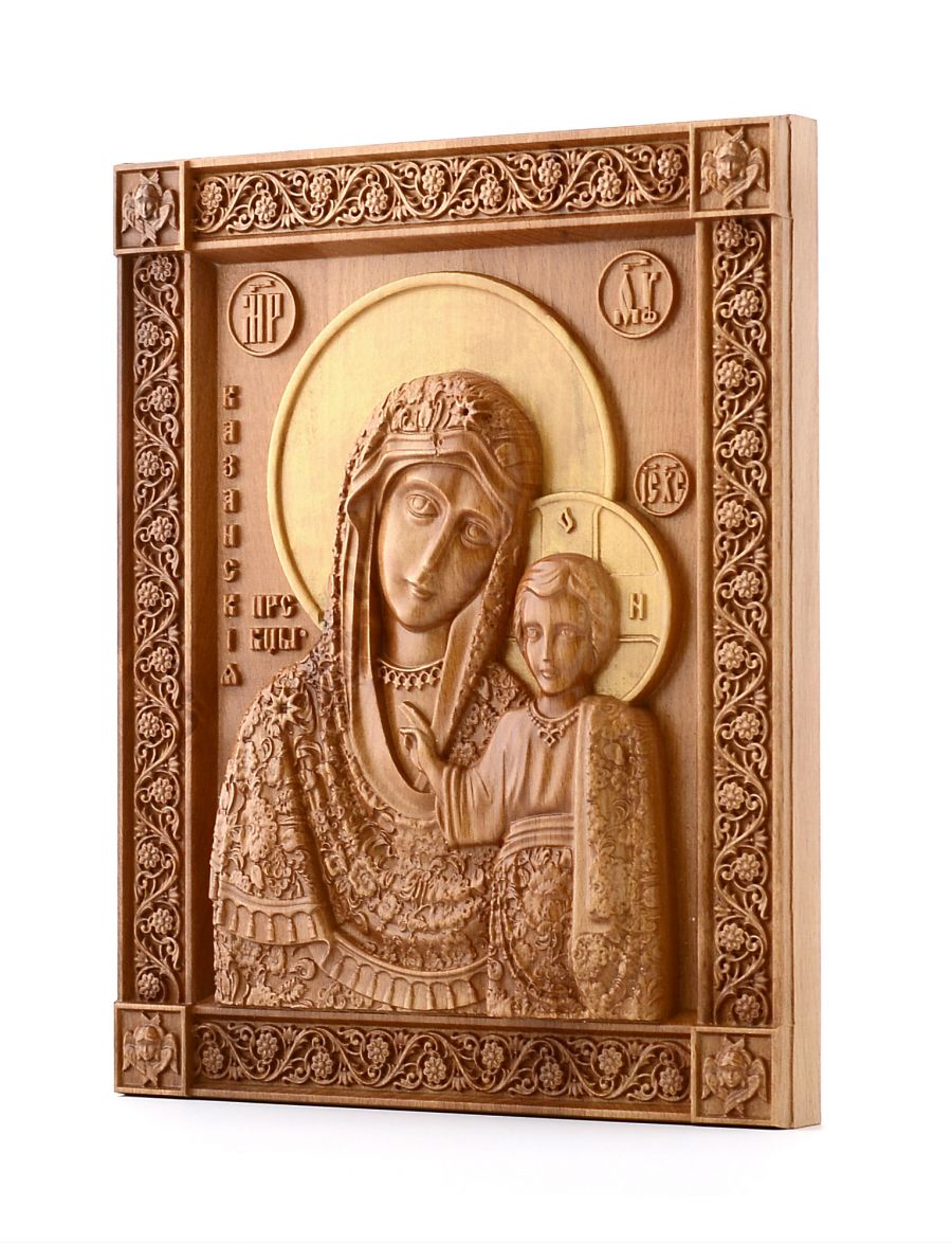 Деревянная резная икона «Казанская икона Божией Матери» бук 57 x 45 см