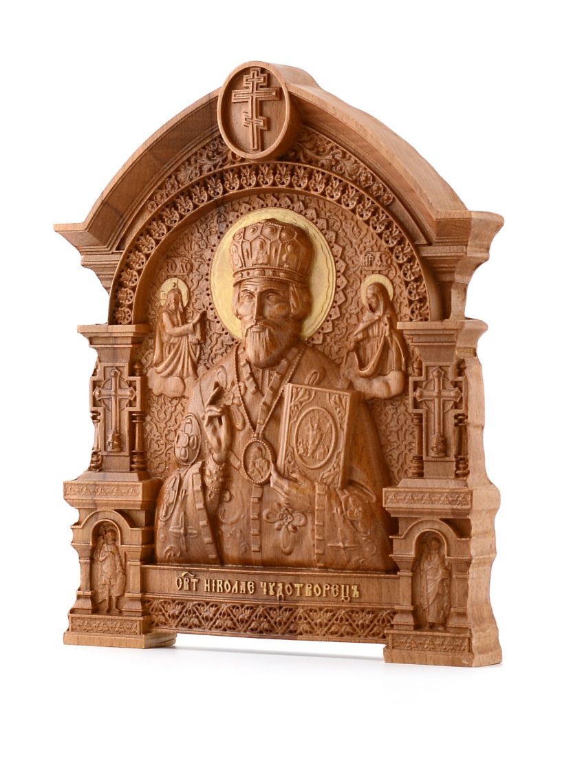 Деревянная резная икона «Святой Николай Чудотворец» с аркой 18 x 23 см