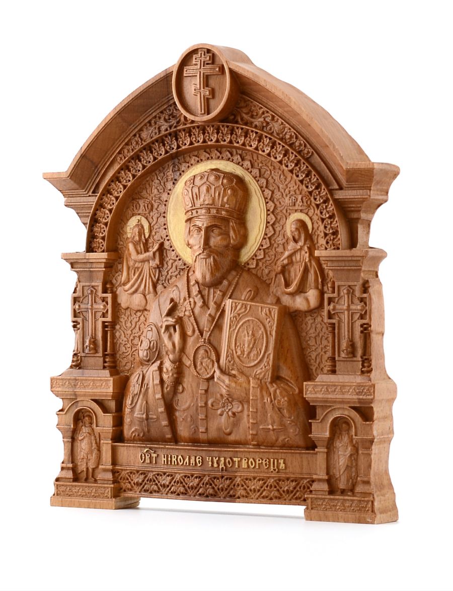 Деревянная резная икона «Святой Николай Чудотворец» с аркой бук 18 x 15 см