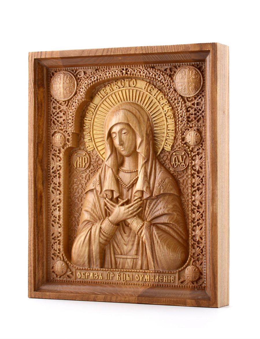 Деревянная резная икона «Умиление Пресвятой Богородицы» бук 28 x 23 см
