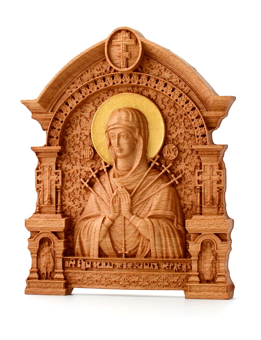 Деревянная резная икона «Божией Матери Умягчение злых сердец» с аркой бук 18 x 14 см