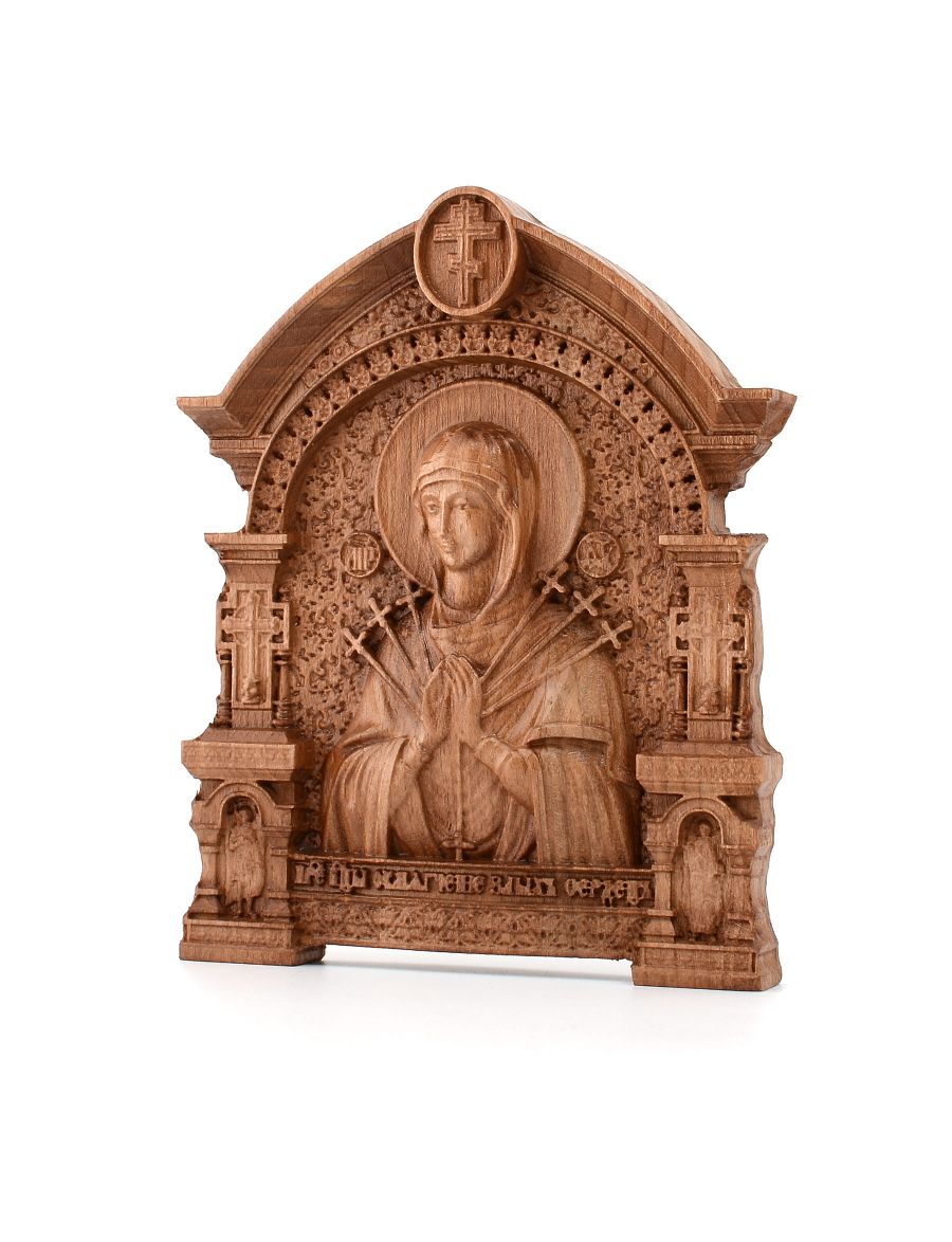 Деревянная резная икона «Божией Матери Умягчение злых сердец» с аркой бук 18 x 14 см