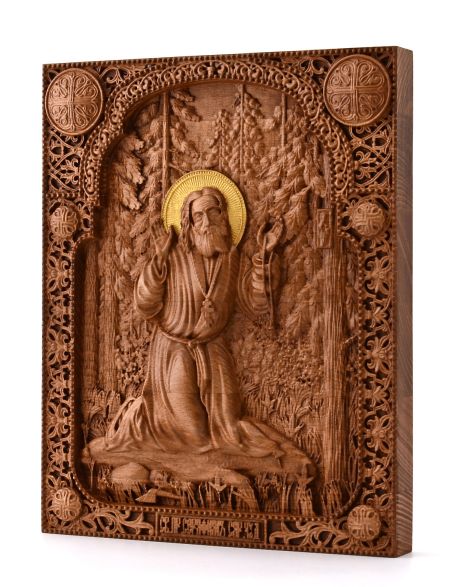 Деревянная резная икона «Серафим Саровский» бук 18 x 15 см