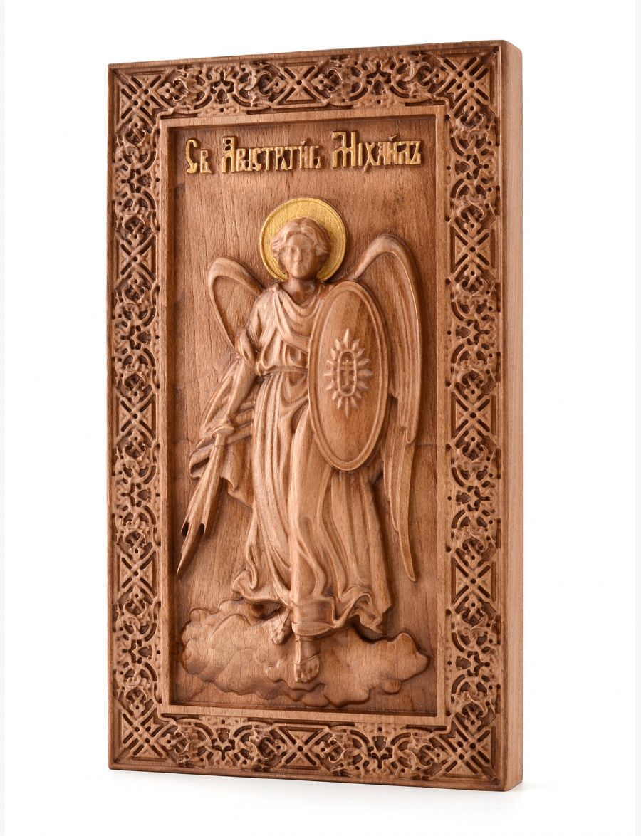 Деревянная резная икона «Архангел Михаил» бук 28 x 16 см