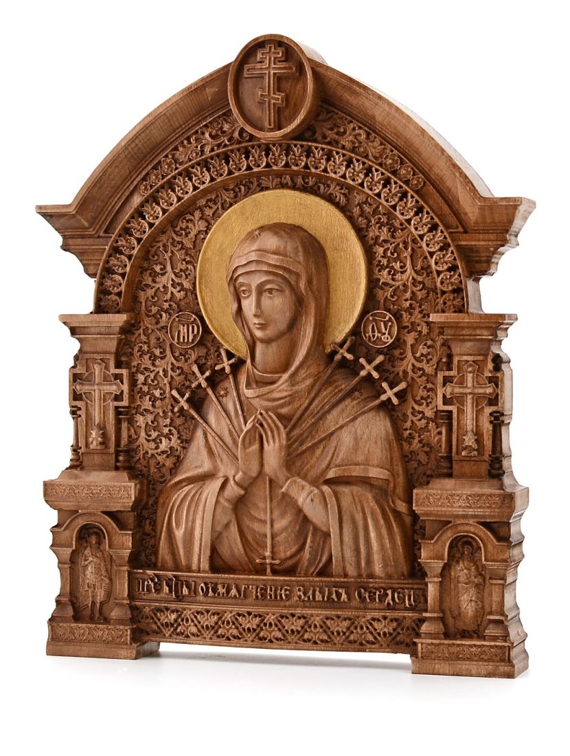 Деревянная резная икона «Божией Матери Семистрельная» с аркой 31 x 24 см