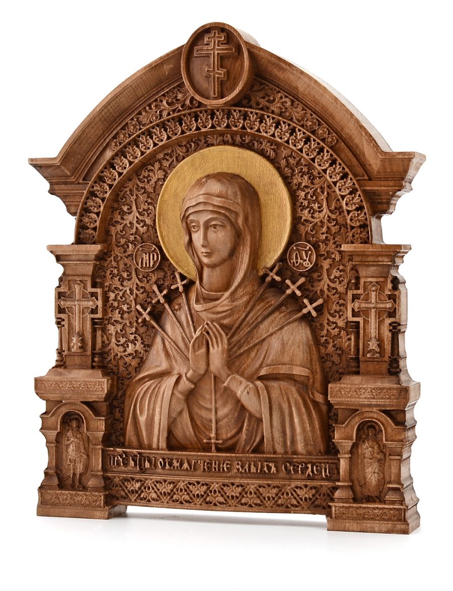 Деревянная резная икона «Божией Матери Семистрельная» с аркой 28 x 23 см