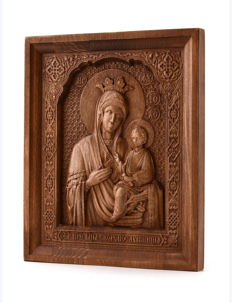 Деревянная резная икона «Божией Матери Скоропослушница» бук 18 x 12 см