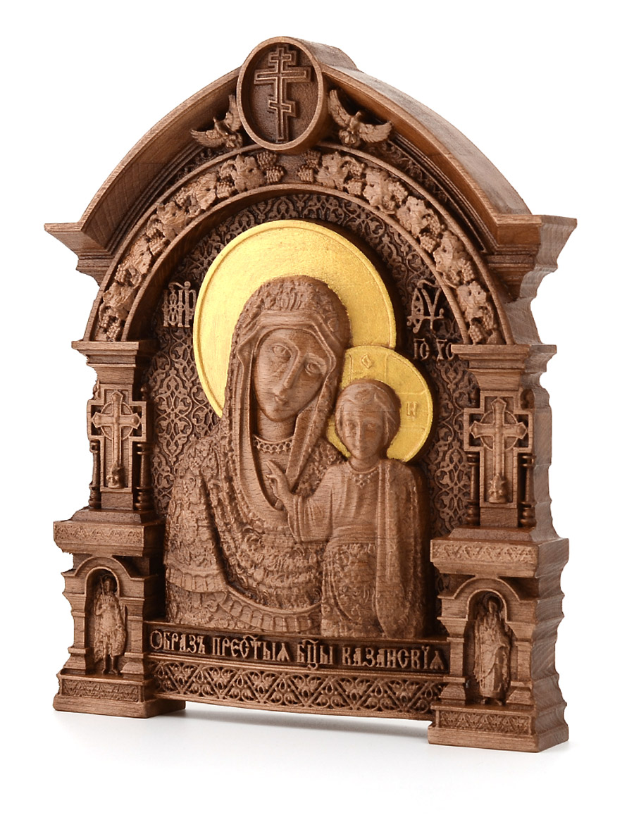 Деревянная резная икона «Казанская Божией Матери» в арке  бук 12 x 9 см
