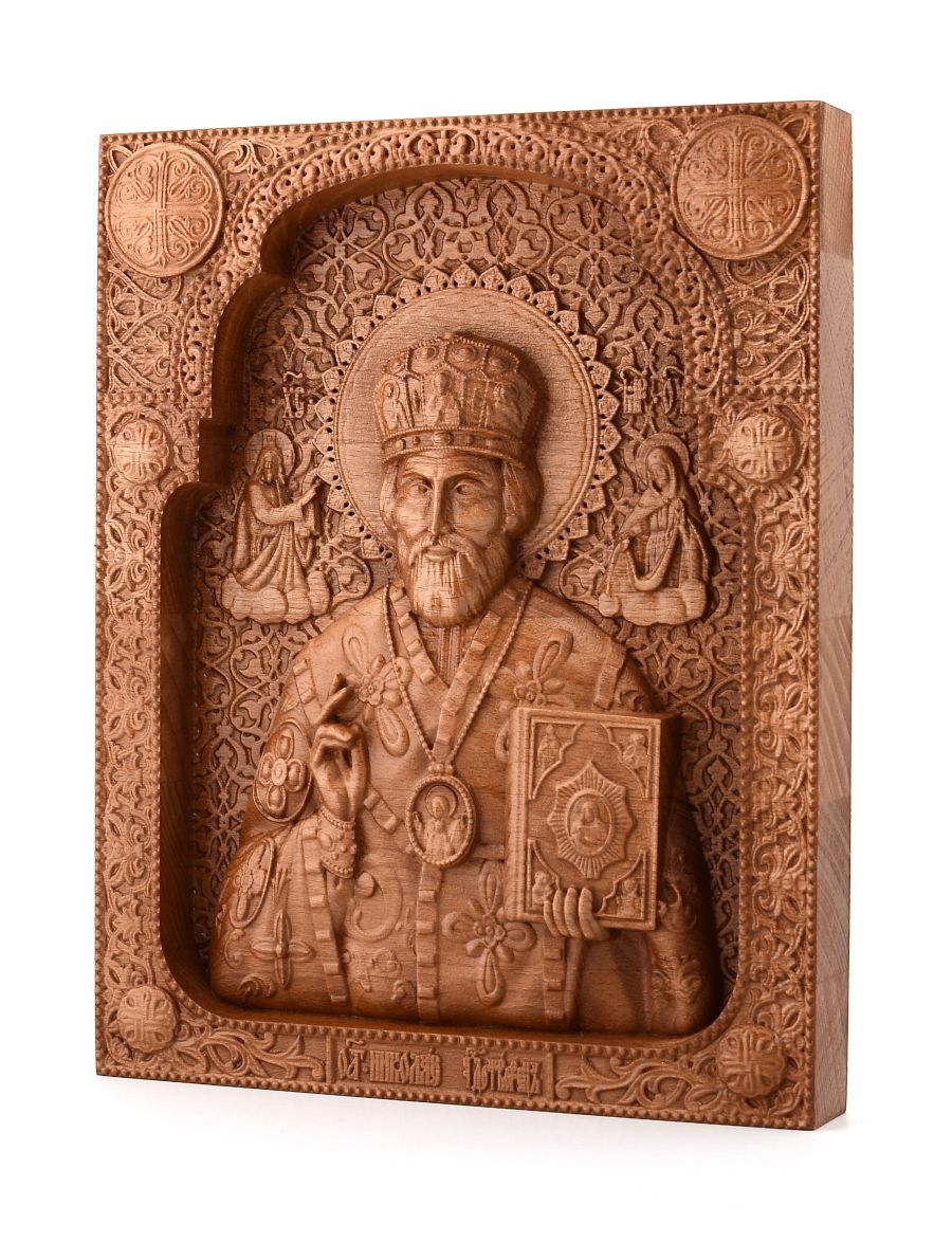 Деревянная резная икона «Николай Чудотворец» бук 57 x 45 см