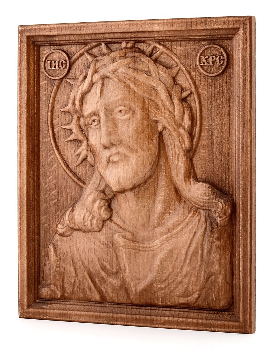 Деревянная резная икона «Спаситель в терновом венце» бук 57 x 45 см