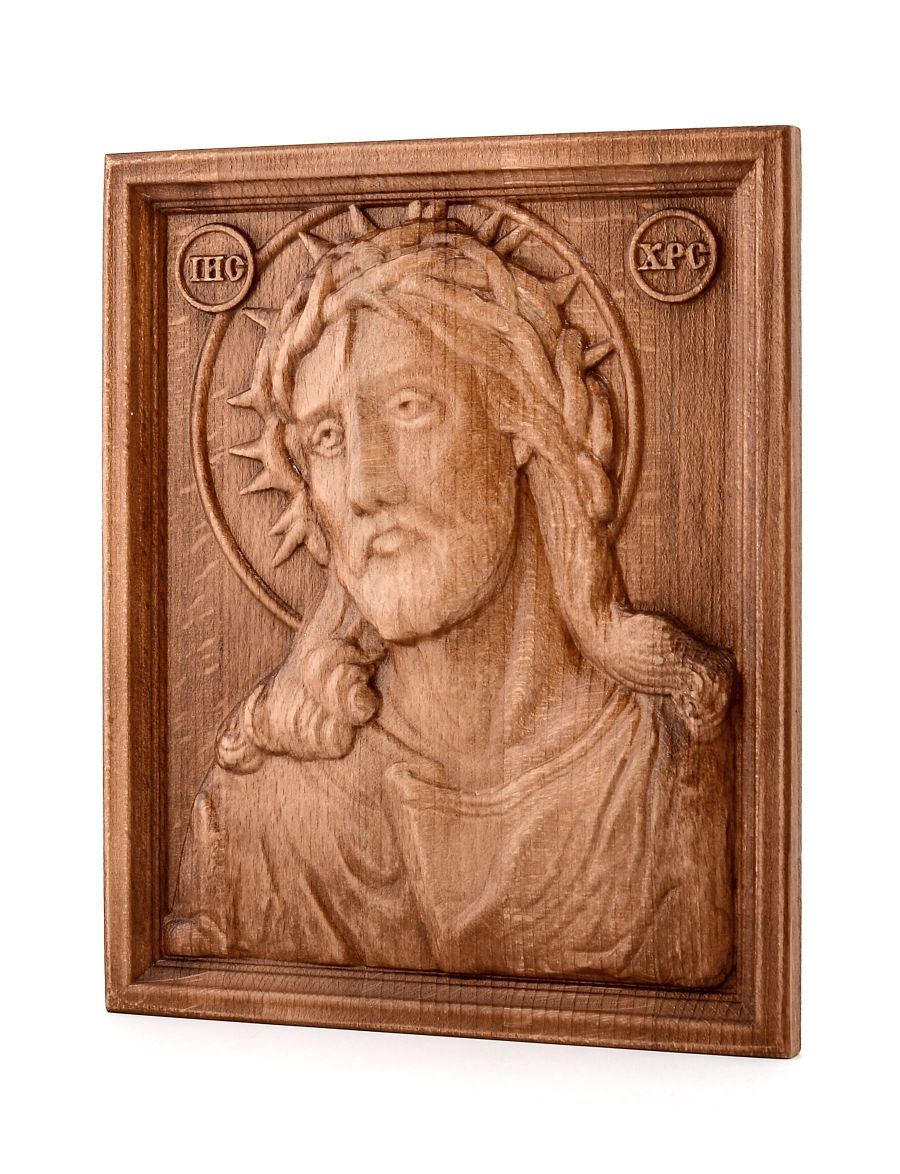 Деревянная резная икона «Спаситель в терновом венце» бук 18 x 12 см