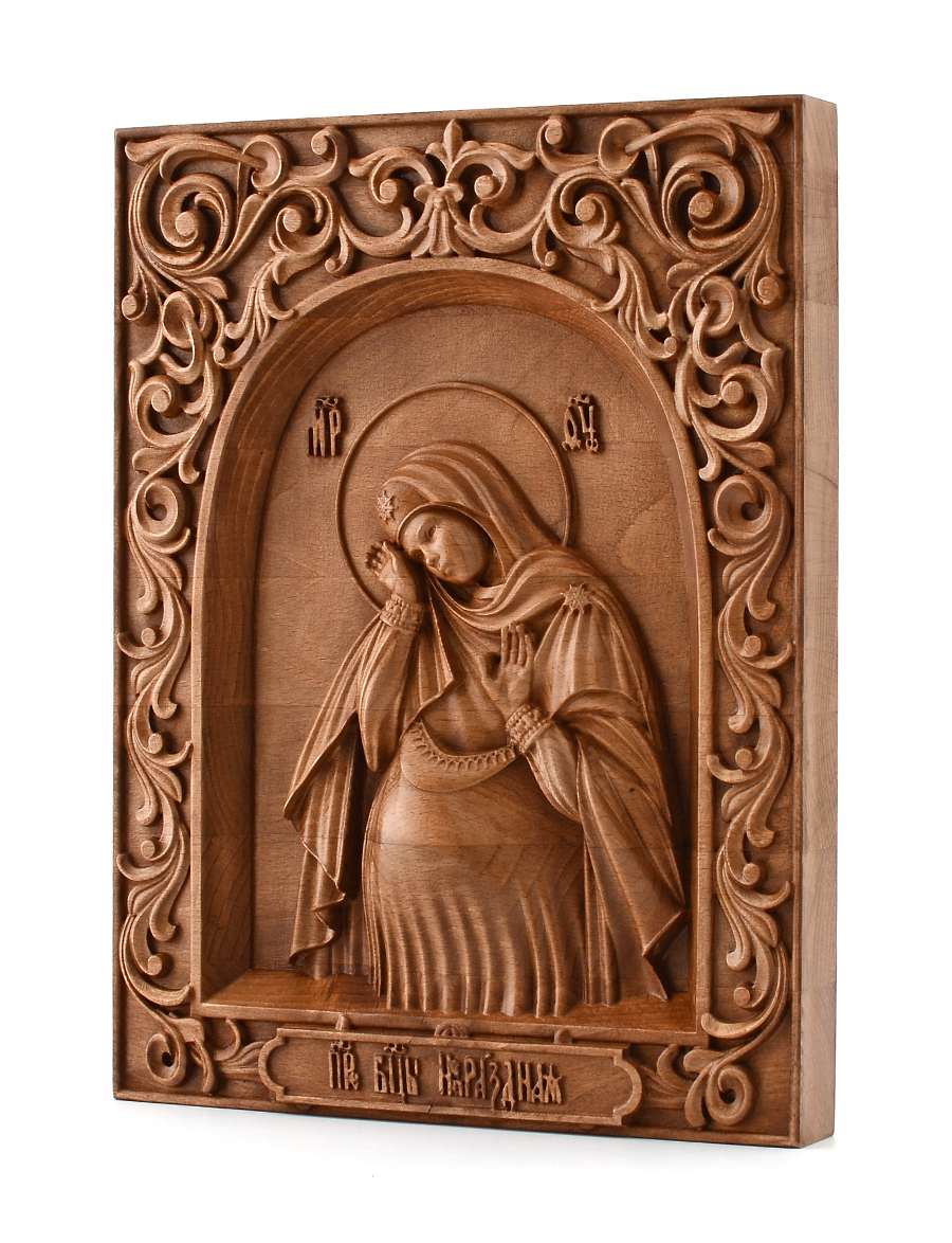 Деревянная резная икона «Божией Матери Непраздная» бук 57 x 40 см