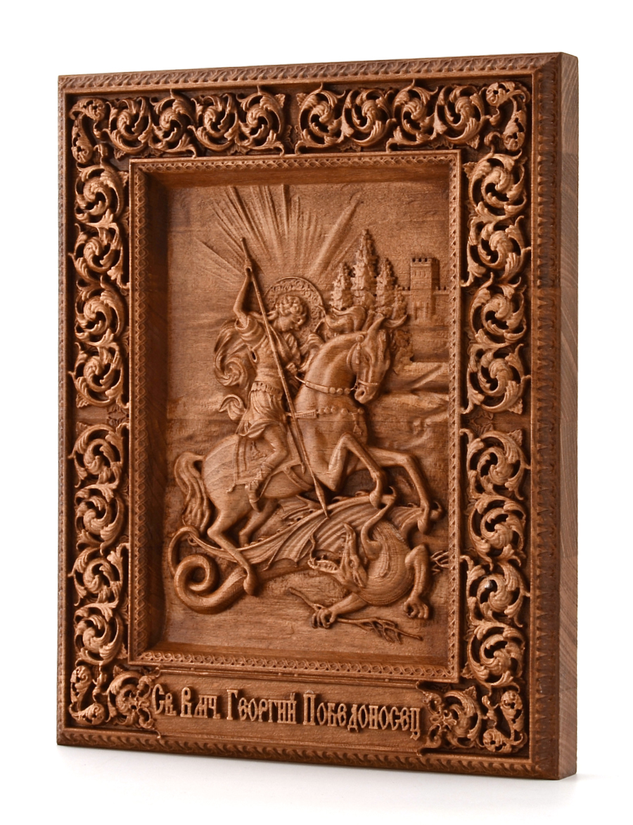 Деревянная резная икона «Георгий Победоносец» бук 57 x 45 см