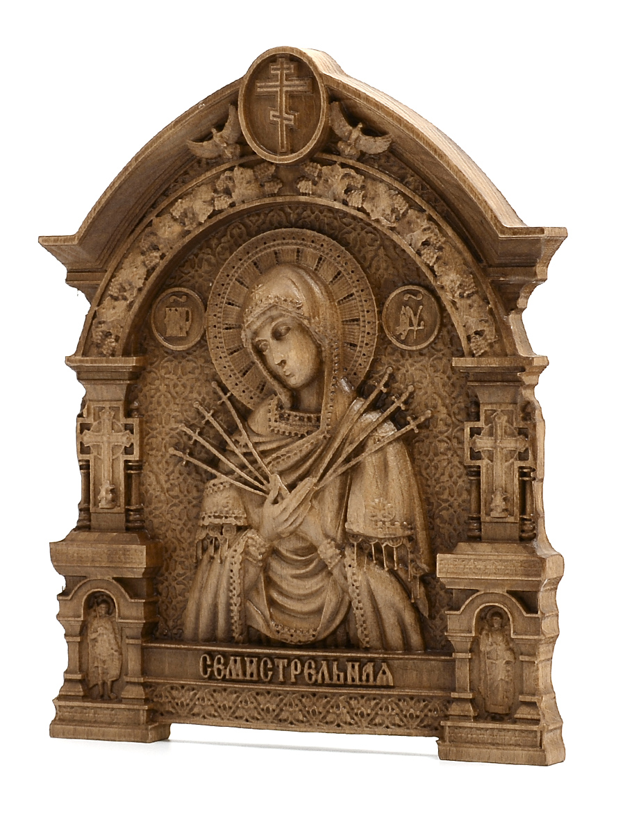 Деревянная резная икона «Божией Матери Семистрельная» с аркой 22 x 19 см