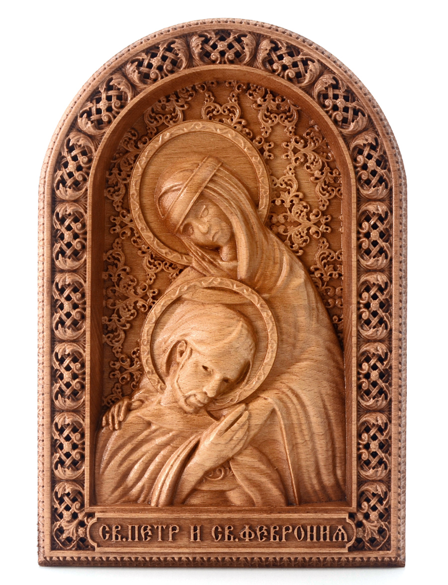 Деревянная резная икона «Святые Пётр и Феврония» бук 28 x 19 см