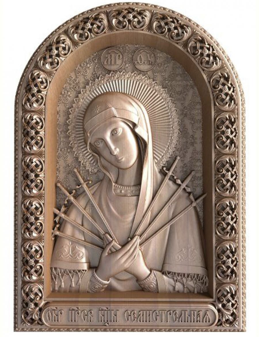 Деревянная резная икона Богородицы «Семистрельная»» бук 57 x 40 см