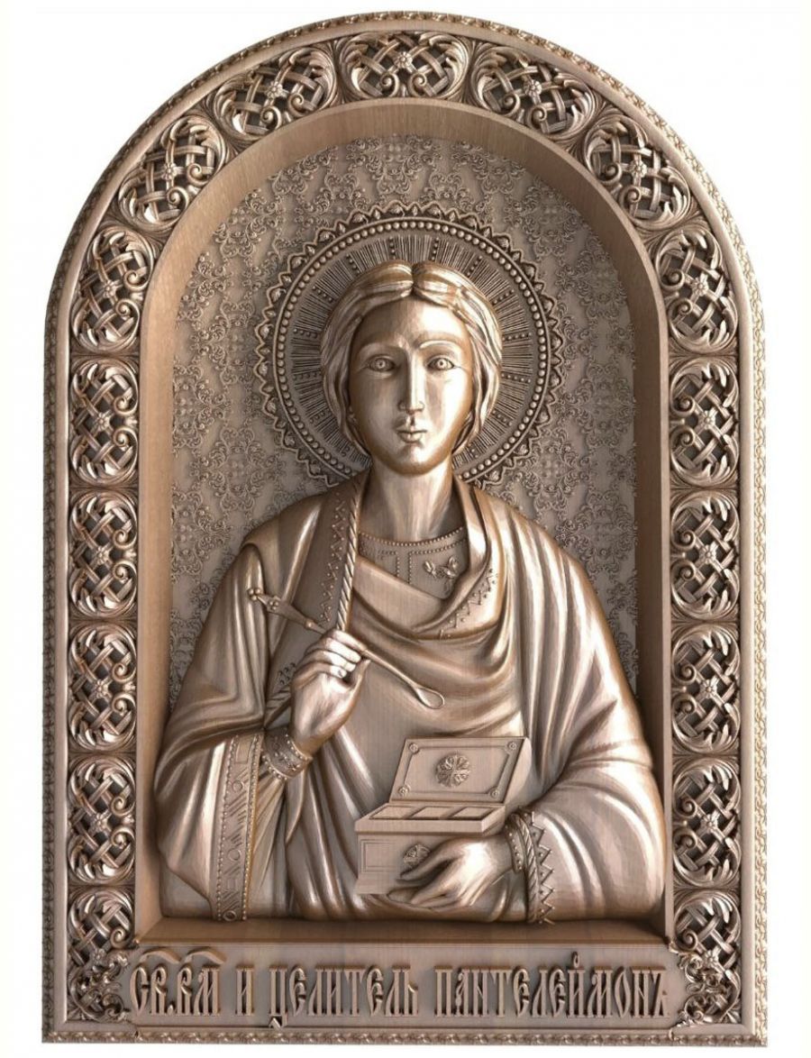 Деревянная резная икона «Святой целитель Пантелеймон» бук 23 x 17 см