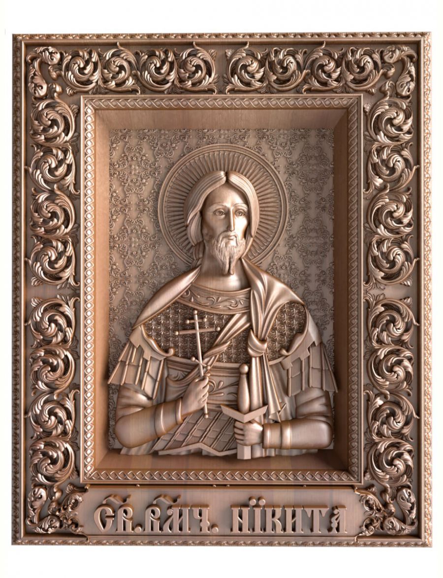 Деревянная резная икона «Святой великомученик Никита» бук 57 x 45 см