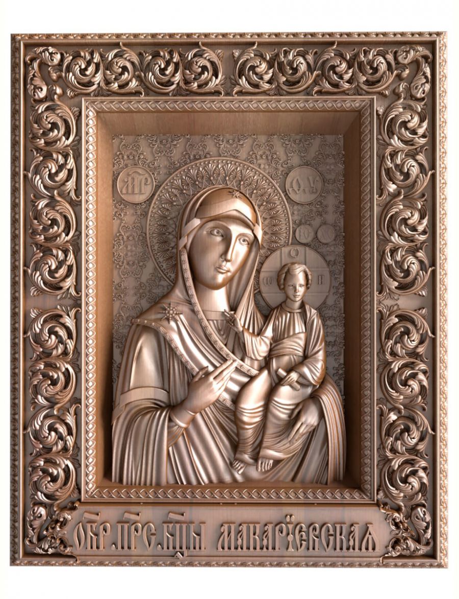 Деревянная резная икона «Божией матери Макарьевская» бук 57 x 45 см