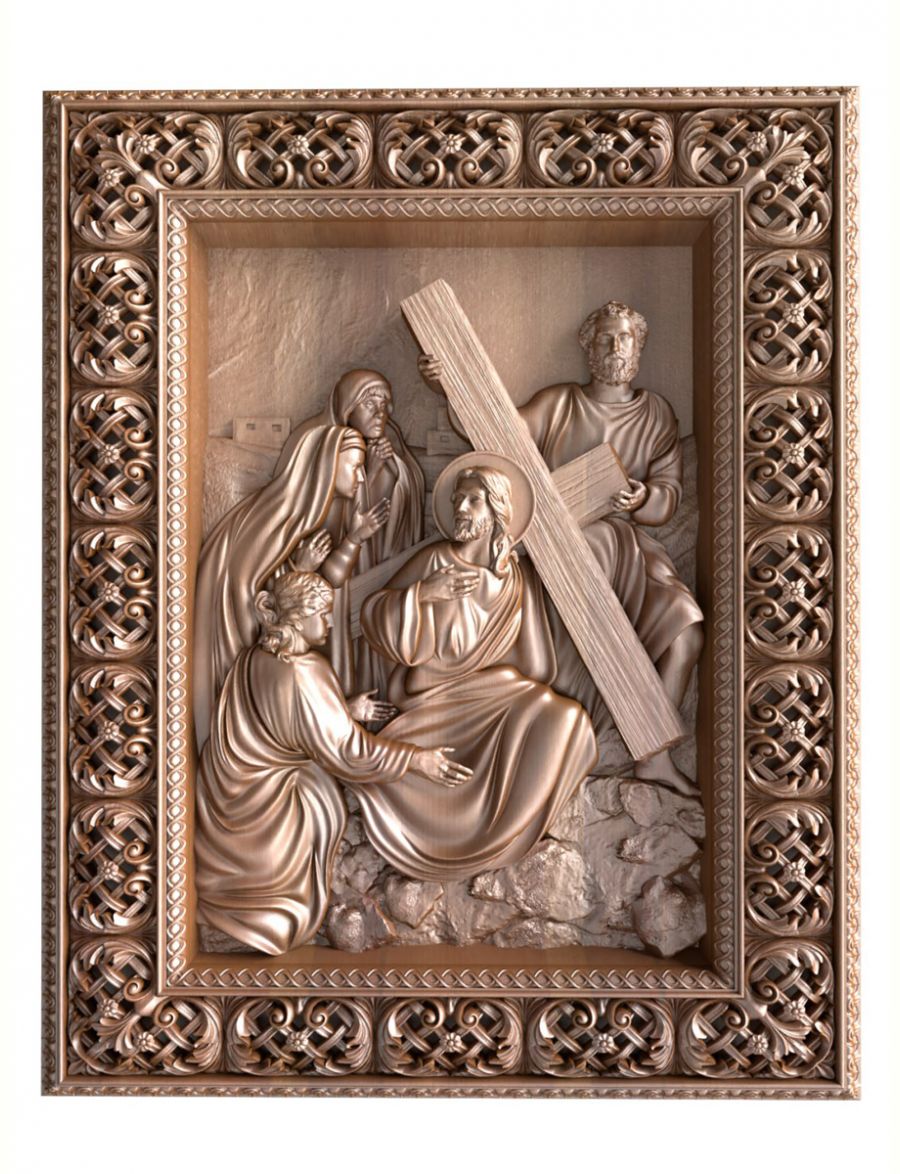 Деревянное резное панно «Иисус несущий крест» бук 18 x 15 см
