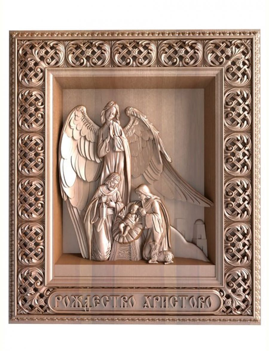 Деревянная резная икона «Рождество Христово» бук 28 x 23 см