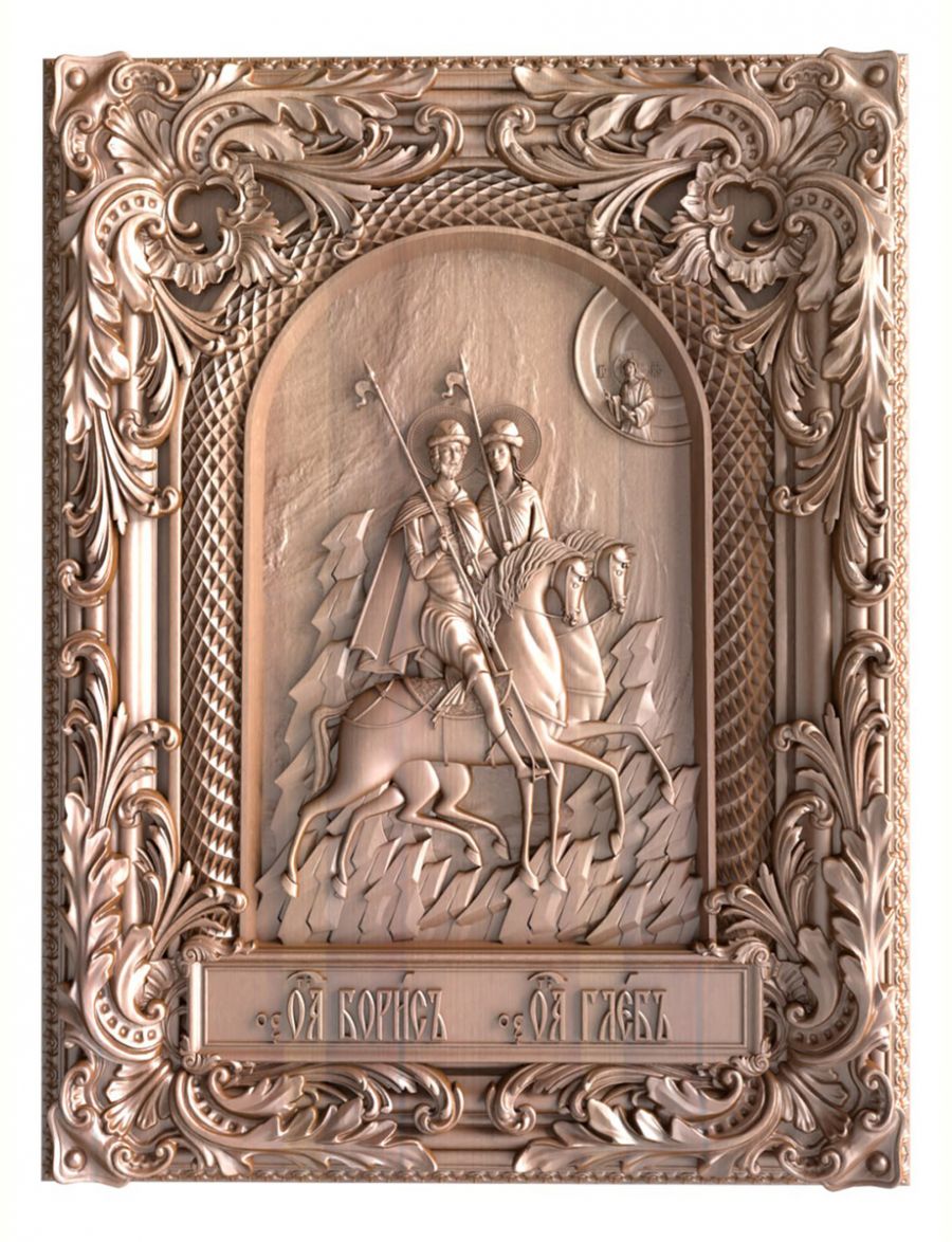 Деревянная резная икона «Святые Борис и Глеб» бук 57 x 45 см