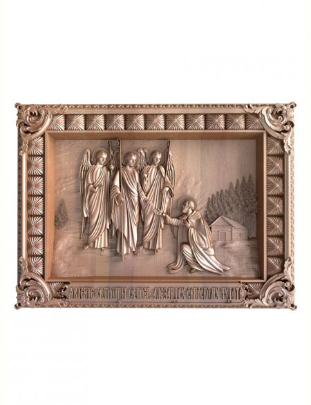 Деревянная резная икона «Явление святой Троицы Александру Свирскому» бук 45 x 28 см