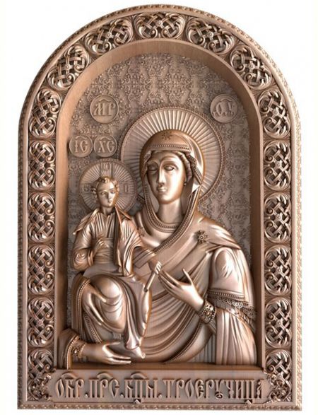 Деревянная резная икона  «Образ пресвятой Богородицы Троеручица» бук 18 x 15 см