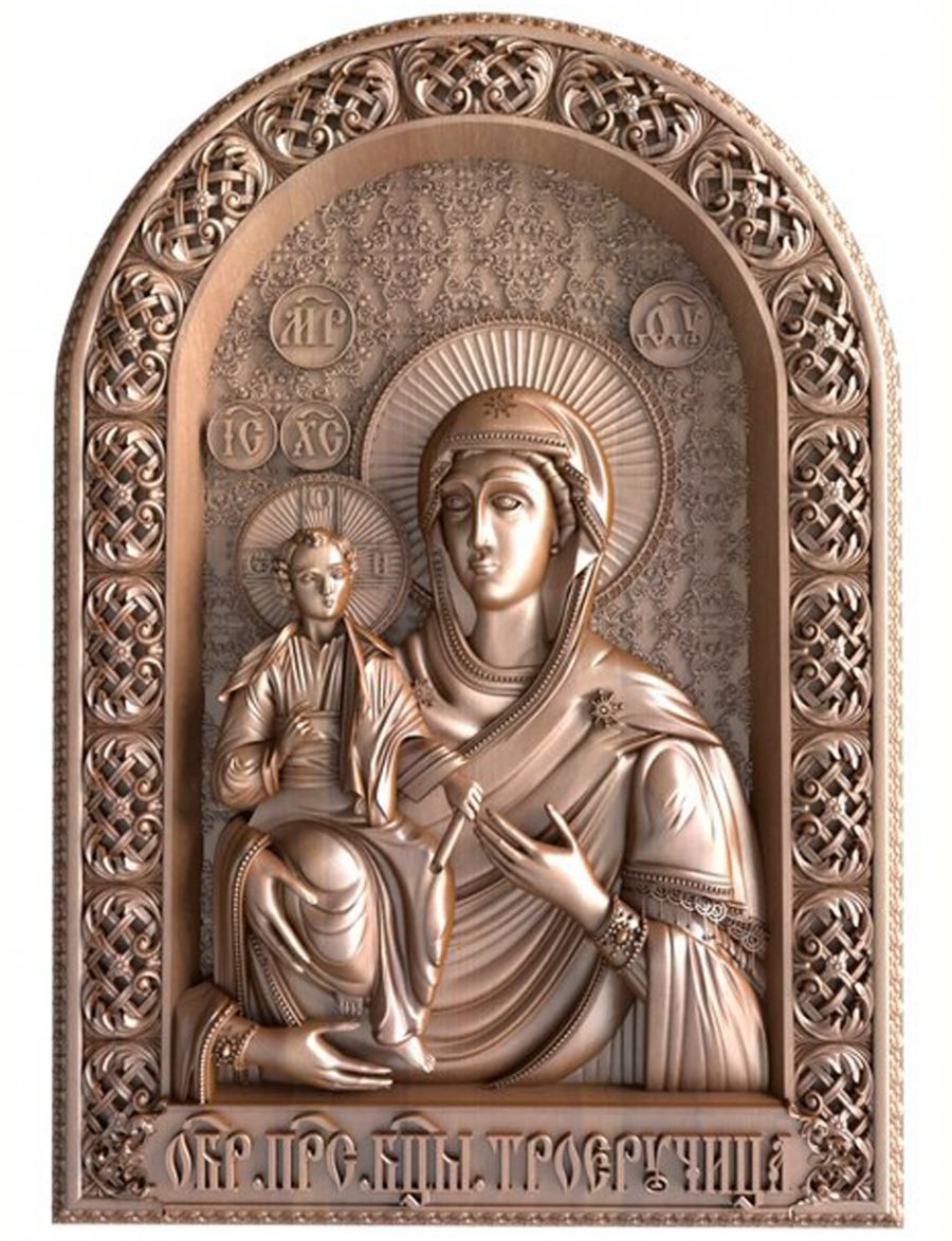 Деревянная резная икона  «Образ пресвятой Богородицы  Троеручница» бук 18 x 12 см