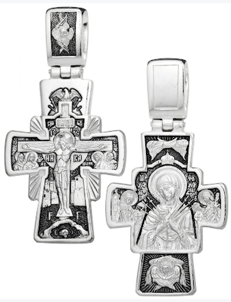 Серебряный нательный крестик «Богородица семистрельная»